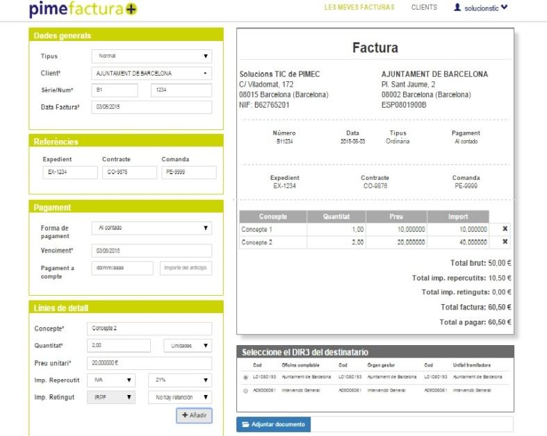 Selecciona la opción "Servicio de creación de facturae" A continuación se muestra la pantalla "formulario" donde se informará de los datos de la