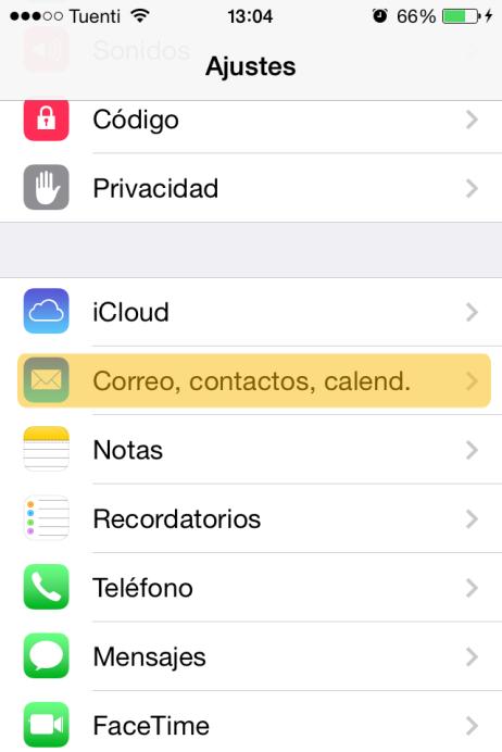 iphone Mail con IOS 7 Vamos a Ajustes y pulsamos en Correo,