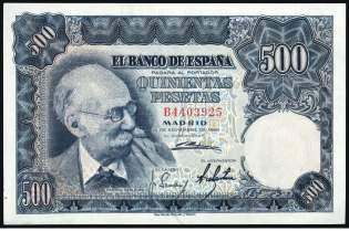 500 pesetas. (Ed. D53). 19 de febrero, Padre Vitoria. Raro. MBC-. Est. 125...... 75, 3994 1948. 5 pesetas. (Ed. D56a). 5 de marzo, Elcano. Lote de 2 billetes, series C y J. S/C-. Est. 30.