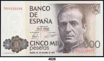 F 4026 1979. 5000 pesetas. (Ed. E4b). 23 de octubre, Juan Carlos I. Pareja correlativa, serie 9A. S/C-. Est. 400............................................. 300, 4027 1980. 2000 pesetas. (Ed. E5).