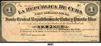 4052 4054 F 4051 1869. Junta Central Republicana de Cuba y Puerto Rico. 1 peso. (Ed. Cu32). Nueva York, 17 de agosto. Escaso. MBC+. Est.