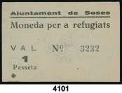 F 4101 Soses. Moneda per a refugiats. 1 peseta. MBC. Est. 50...................... 45, 4102 Soses. Moneda per a refugiats. 2 pesetas.