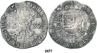 2 reales. (Cal. tipo 185). Rara. BC+. Est. 30................. 18, 2472 Sevilla?. 2 reales. (Cal. tipo 213). Reverso: escudo castillo-castillo león-león. Fecha no visible. Rara. BC. Est. 30...................................... 18, F 2473 1623.