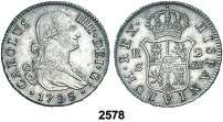 Potosí. 2 reales. (Cal. 1006). Busto de Carlos III. Ordinal IV. Escasa. BC+. Est. 30.. 20, 2577 1802. Santiago. JJ. 2 reales. (Cal. 1049). Rara.