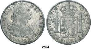 ...... 225, 2593 1791. México. FM. 8 reales. (Cal. 684). Primer año de busto propio. Rayitas en anverso. Limpiada. (MBC). Est. 50...................................... 30, F 2594 1792.