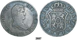 F 2687 1811. Cádiz. CJ. 8 reales. (Cal. 371). Golpecitos. Pátina. Muy escasa.