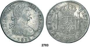 2699 1827. Resello de Fernando VII sobre 8 reales de Lima JM. El resello en reverso de Manila de 1829 es una fantasía. (MBC-). Est. 50............................ 30, 2700 1809. México. TH. 8 reales. (Cal.