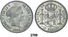 Est. 50................. 40, F 2788 1852. Barcelona. 10 reales. (Cal. 207). Parte de brillo original. Escasa. EBC-. Est.