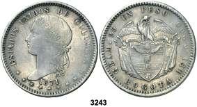 3241 COLOMBIA. Nueva Granada. 1849. 2 reales. (Kr. 105). Pátina. MBC-/MBC. Est. 20.... 12, 3242 1871. 1 décimo. (Kr. 151.1). Bella pátina. MBC-. Est. 20...................... 12, F 3243 1871. Bogotá.