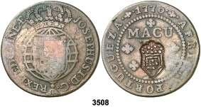 F 3508 PORTUGAL. 1770. José I. 1/2 macuta. (Gomes pág. 461, 04.03). Resello (MBC+) escudete coronado. MBC. Est. 70................................. 40, F 3509 s/d. Juan V. Lisboa. 50 reis. (Kr.