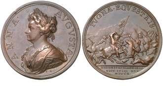 Carlos III, Pretendiente. Victoria del Archiduque Carlos en Almenara. Medalla en bronce. (Cru.Medalles 166a). Anv.: ANNA. AVGVSTA.