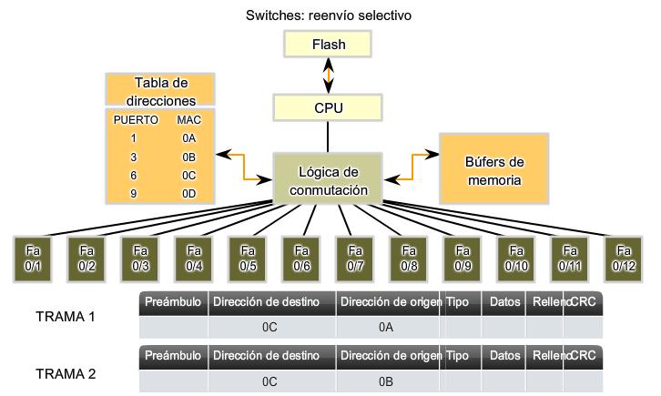 Los switches Ethernet reenvían selectivamente tramas individuales desde un puerto receptor hasta el puerto en el que esté conectado el nodo de destino.