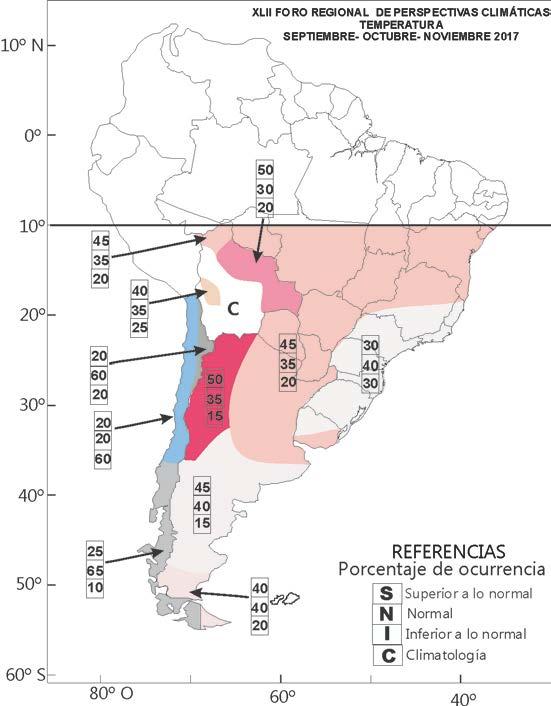 El pronóstico de precipitación para el trimestre setiembre-octubre-noviembre 2017 favorece precipitaciones en la categoría: Superior a lo normal en (i) el nordeste de Paraguay, sur de Brasil, Uruguay