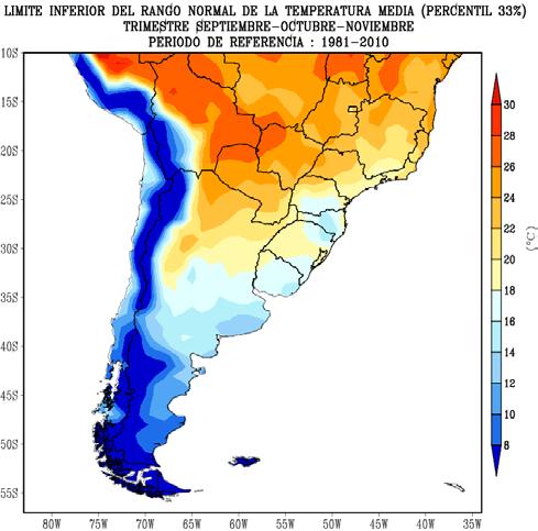 El pronóstico de temperatura para el trimestre setiembre-octubre-noviembre 2017 favorece temperaturas en la categoría: Superior a lo normal en (i) centro de Brasil, Altiplano-centro de Bolivia,
