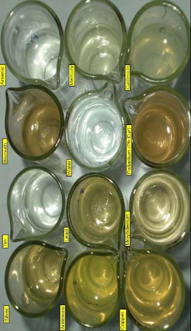 Capitulo General Metales Pesados USP <231> ~100 años apareció un método cualitativo Detecta metales con la coloración ocasionada por el ion sulfuro (Pb, Hg, Bi, As, Sb, Sn, Cd, Ag, Cu, Mo) El color