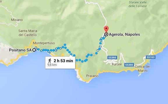 Es sobre todo caminata de montaña, caminando a través de arbustos mediterráneos y bosques de roble. Se termina caminando por las antiguas escaleras que llevan al centro de Positano.