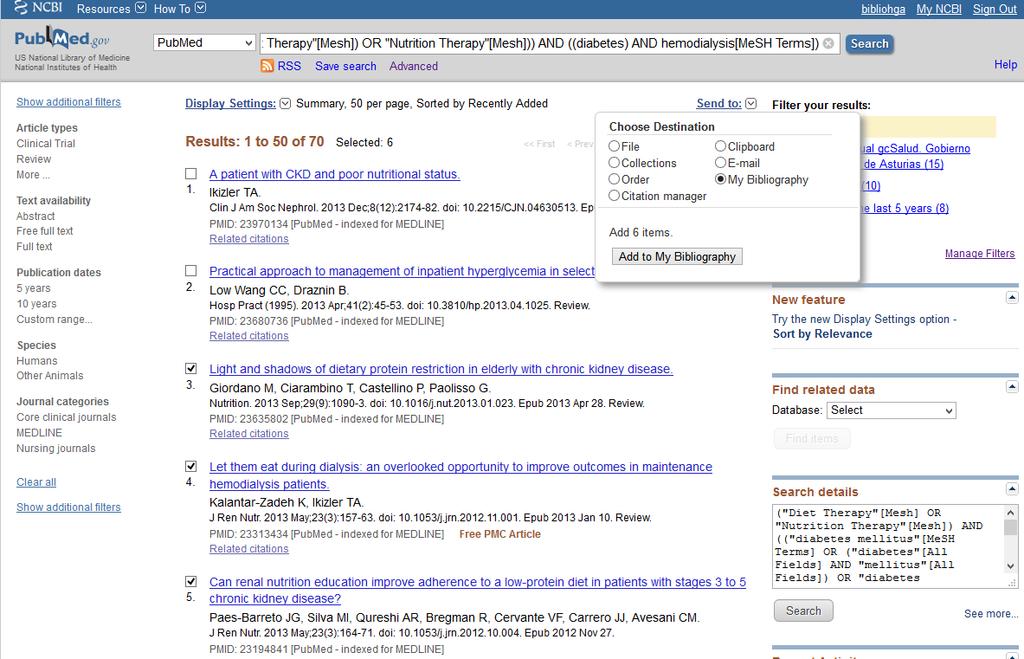 My NCBI Bibliografía La opción final de MY NCBI es My Bibliography que permite guardar las referencias bibliográficas de PubMed en su cuenta.