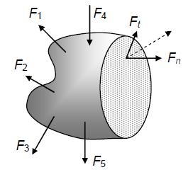 Actúa una fuerza interna con componentes Ft y Fn (c) Esfuerzos normal, S, y cortante, Ss, en