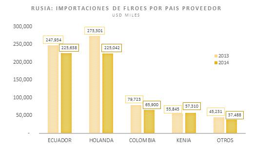 En este mercado también se encuentran proveedores de flores como Holanda, Costa Rica y Kenia, juntos logran cubrir el 8% de la demanda importada, 5.5%, 2% y 0.5% respectivamente.