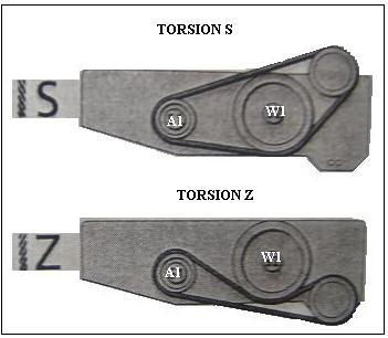Para el cambio del sentido de la torsión se mueve la posición de las correas de transmisión de movimiento de la siguiente manera: Fig. 79 Esquema Cambio de torsiones Retorcedora de Doble de Torsión.