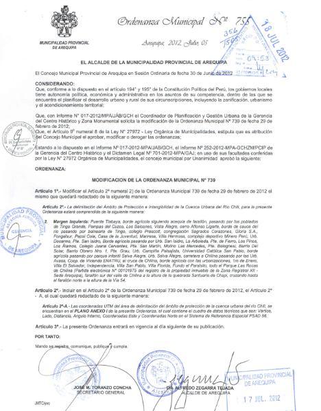 2. Protección de la Cuenca urbana del rio Chili: OM. 739-2012 y modificada en OM.