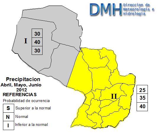 PRONÓSTICO CLIMÁTICO PARA LA REPÚBLICA DEL PARAGUAY Precipitación para Abril, Mayo y Junio de 2012 Región I: Comprende los departamentos de Alto Paraguay, Boquerón y norte de