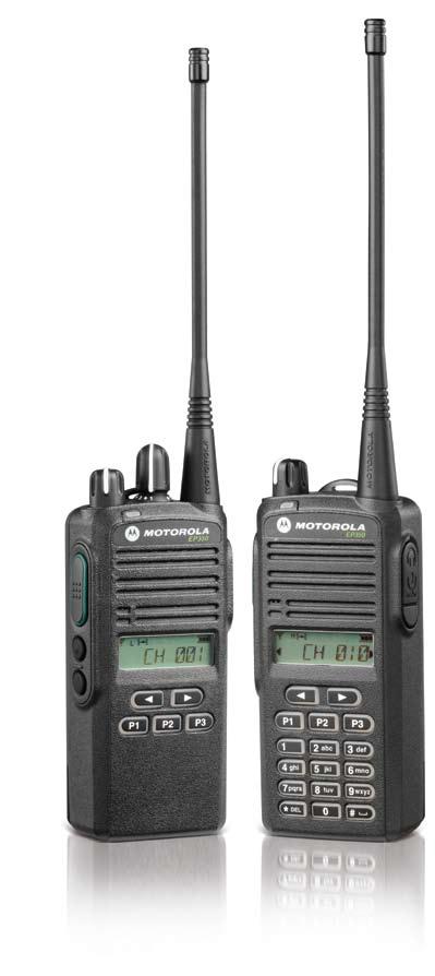 Radio Portátil Industrial EP350 de Motorola Modelos Con Teclado Limitado y Completo Los beneficios de funcionalidad mejorada incluyen: Codificación integrada por inversión de voz simple (scrambling)