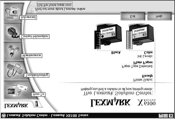 Uso del Centro de soluciones Lexmark El Centro de soluciones Lexmark (LSC) proporciona ayuda sobre el dispositivo Todo en Uno e información sobre el estado de la impresora, el tipo de papel detectado