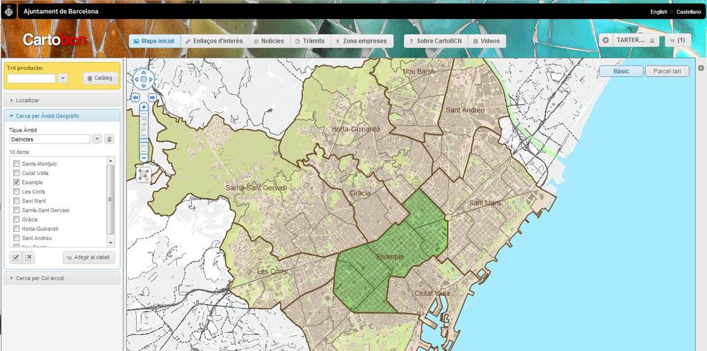 Checkbox Selecció districte. Si aquest és el districte que s està buscant es fa clic al botó selecciona àmbit i queda automàticament marcat de color verd.