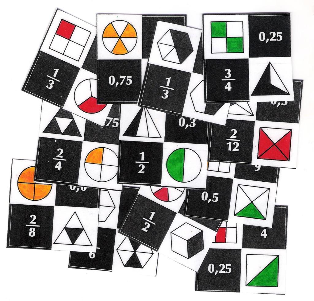 CUATRIMINÓS DE FRACCIONES Se trata de juntar las 12 piezas de este puzle para formar un rectángulo de 3 x 4, donde cada expresión de una fracción, quede rodeada por expresiones equivalentes de la