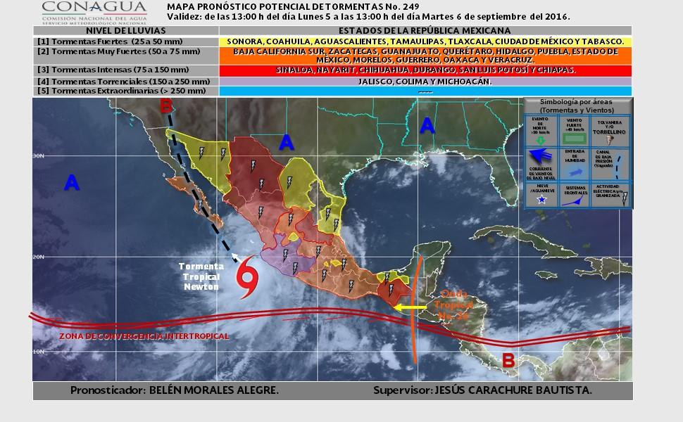 mm): Jalisco, Colima y Michoacán. Intervalos de lluvias muy fuertes (50 a 75 mm) con tormentas puntuales intensas (75 a 150 mm):sinaloa, Nayarit, Chihuahua, Durango, San Luis Potosí y Chiapas.