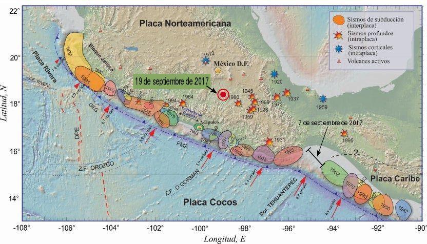 En el mapa de la figura 6 se muestran los sismos más importantes que han ocurrido en territorio mexicano.