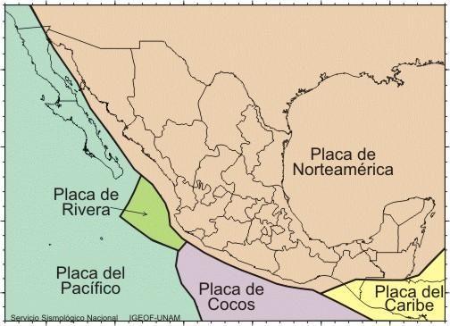 Figura 9. Placas tectónicas que interactúan en territorio mexicano.