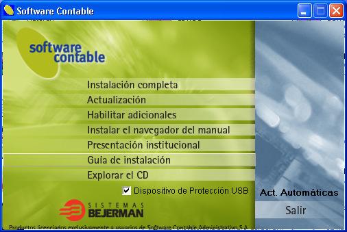 Pág. 2 de 8 1. Inserte el CD de Instalación de Software Contable. Si no aparece automáticamente la siguiente pantalla, haga doble clic sobre el archivo INSTALA.EXE. 1.1. No Tildar la casilla si posee Dispositivo de Protección Paralelo: 1.