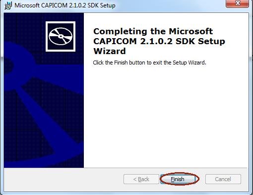 Y por último daremos clic en Finish para dar por terminado la instalación de capicom.dll Activar capicom.