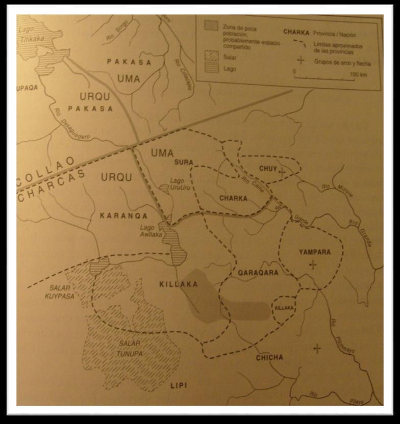 Fig. 1 Mapa de las Provincias de Charcas bajo el Inka Wayna Qhapaq Fuentes: (Tristan Platt, 2011 (2006)) Las regiones denotadas, se han ido ubicando en su espacio ayudados por diversos motivos, uno