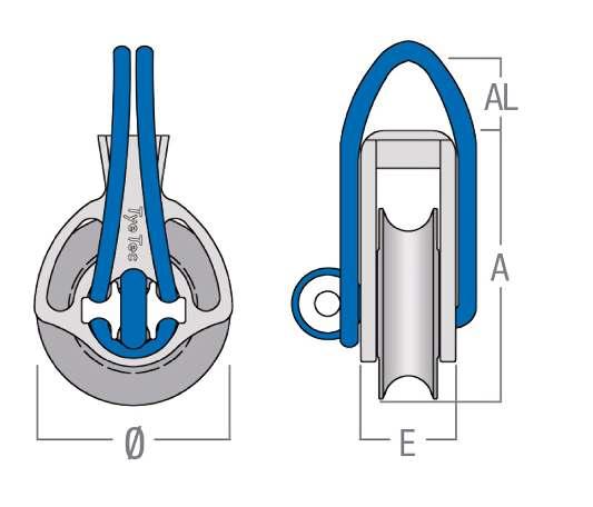 POLEAS TYE TEC 9 POLEAS SIMPLES CON LOOP Poleas simples sin rodamientos - código azul Loop de Dyneema SK 7 color azul. Roldanas de POM y de aluminio para roldanas de diámetros de 80 y 00 mm.