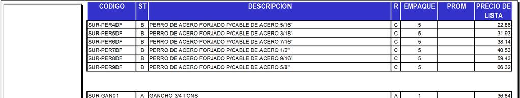 SUR-PER4DF B PERRO DE ACERO FORJADO P/CABLE DE ACERO 5/16" C 5 22.86 SUR-PER5DF B PERRO DE ACERO FORJADO P/CABLE DE ACERO 3/18" C 5 31.