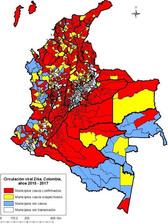Mapa 7 Circulación viral del Zika por entidad territorial de procedencia, Colombia, semanas epidemiológicas 32 de 215 a de 217 Fuente: Sivigila.