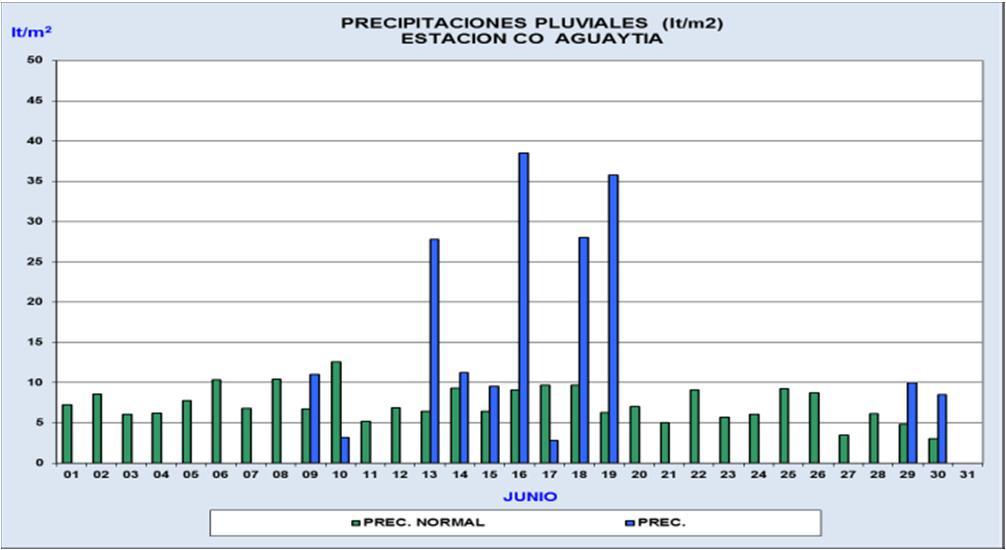 Estación: CO Chaglla En Junio, las precipitaciones pluviométricas en el distrito de Chaglla se mostraron poco frecuentes y con intensidades variables, las precipitaciones más importantes se