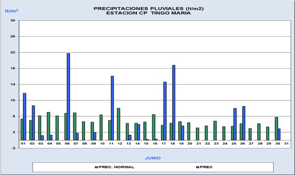 . Estación: CO Dos de Mayo En Junio, las precipitaciones pluviométricas en el distrito de Pachas se dieron con frecuente irregular y con intensidades variables.