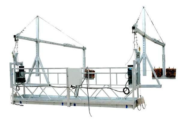 Plataformas suspendidas de nivel variable, comúnmente conocidas como andamios colgados El equipo auxiliar constituido por una plataforma de trabajo horizontal, colgada mediante cables de un elemento