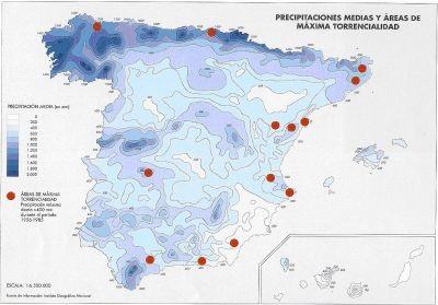 La España seca. Es un área muy amplia delimitada, por las isoyetas de 300 y 800 mm anuales, y abarca el 72% del territorio peninsular.