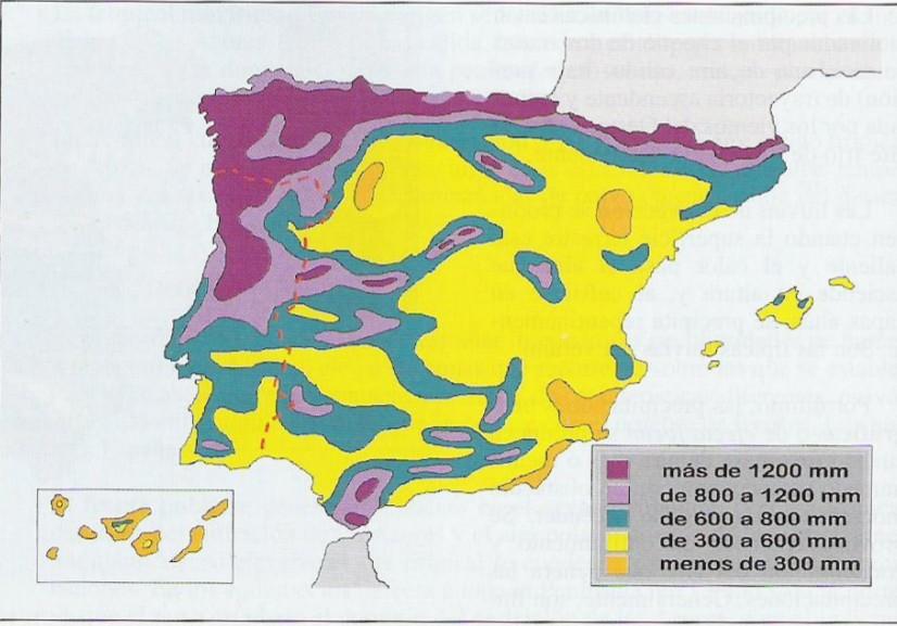 La España árida. Se corresponde con aquellos lugares que reciben menos de 300 litros de precipitaciones totales anuales.