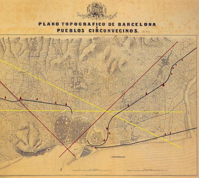 Sobre un plano topográfico de 1854, hemos trazado los futuros ejes del ensanche Cerdá; los triángulos