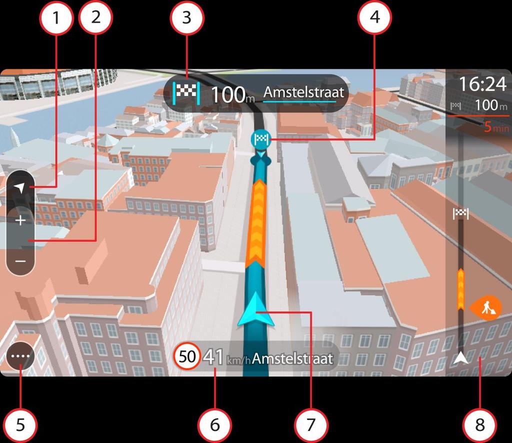 Sugerencia: Si ha planificado una ruta y aparece la vista de orientación en 3D, toque el botón de vista para cambiar a la vista de mapa y utilizar las funciones interactivas.