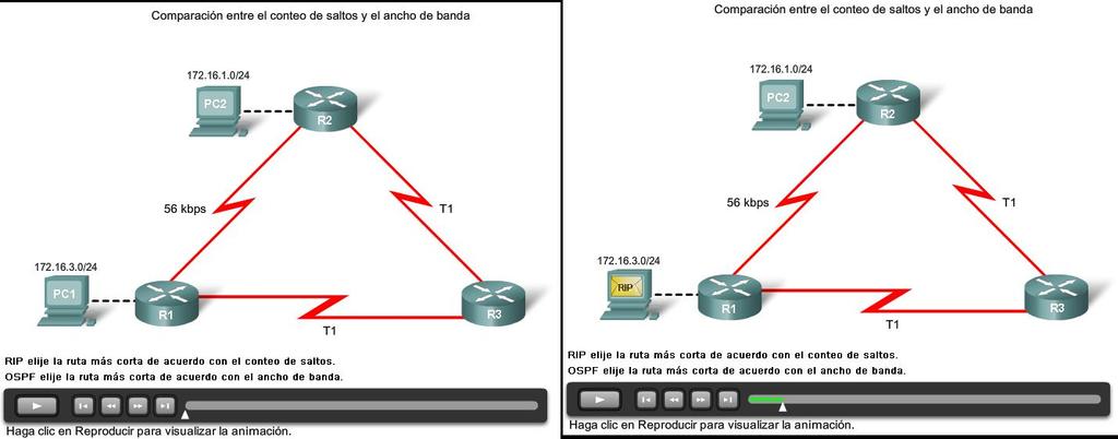 El RIP elegirá la ruta con la menor cantidad de saltos, mientras que OSPF elegirá la ruta con el ancho de banda más alto.
