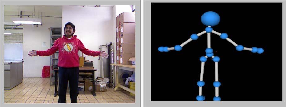 Fig. 10 A la izquierda: imagen de cámara RGB, a la derecha: objeto creado en tres dimensiones para el seguimiento de rastreo de esqueleto Esta es la interfaz previa con la que el usuario puede