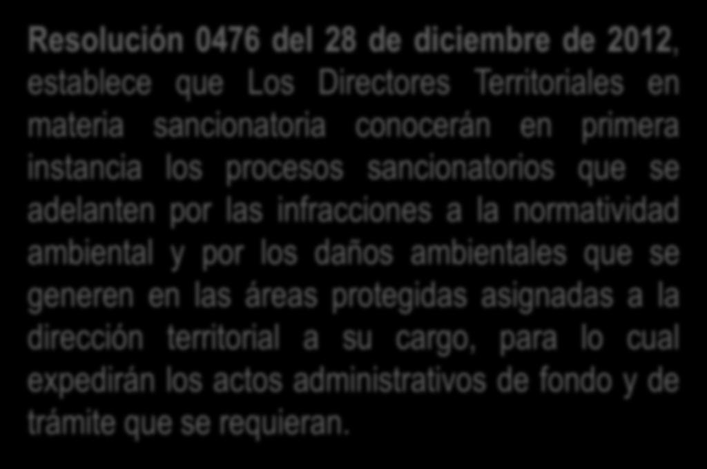 Resolución 0476 del 28 de diciembre de 2012, establece que Los Directores Territoriales en materia sancionatoria conocerán en primera instancia los procesos sancionatorios