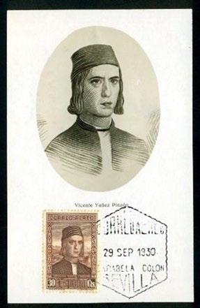 Tarjeta postal con una interpretación simplificada de Martín Alonso Pinzón y el sello correpondiente.